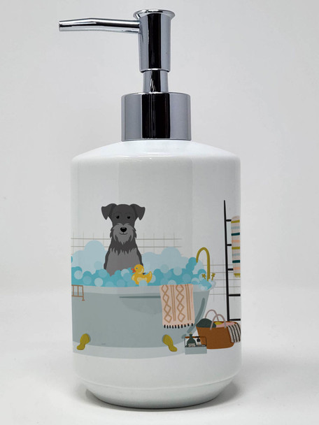 Black Silver Miniature Schnauzer in Bathtub Ceramic Hand Soap Dispenser product image at NuMercy