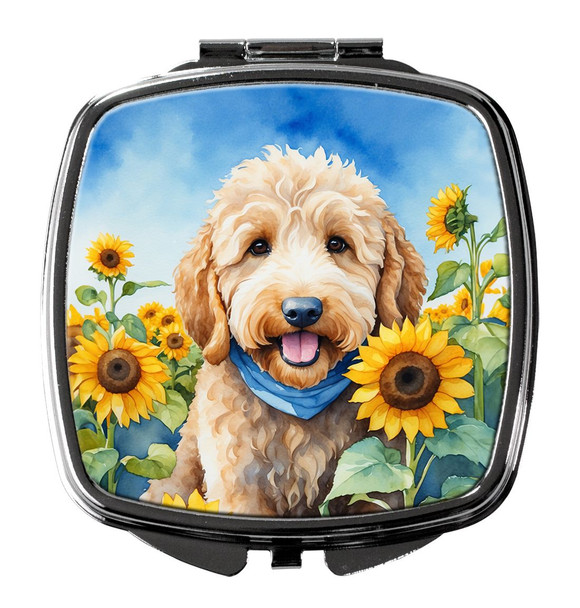 Goldendoodle in Sunflowers Compact Decorative Travel Makeup Mirror product image at NuMercy