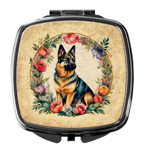 German Shepherd and Flowers Compact Decorative Travel Makeup Mirror product image at NuMercy