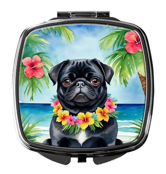 Black Pug Luau Compact Decorative Travel Makeup Mirror product image at NuMercy