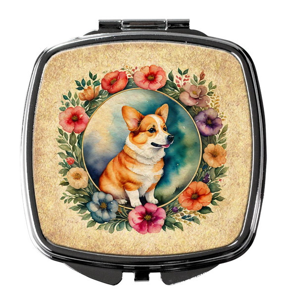 Corgi and Flowers Compact Decorative Travel Makeup Mirror product image at NuMercy