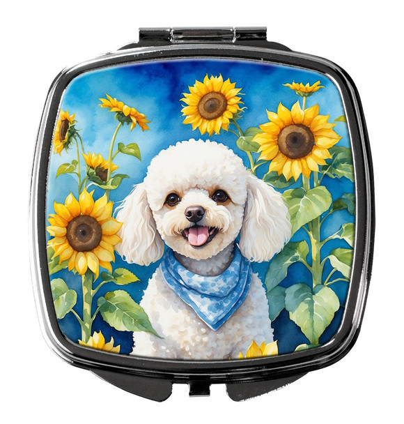 White Poodle in Sunflowers Compact Decorative Travel Makeup Mirror DAC6141 product image at NuMercy
