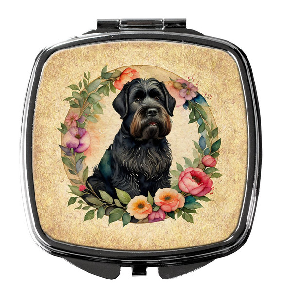 Black Russian Terrier and Flowers Compact Decorative Travel Makeup Mirror product image at NuMercy