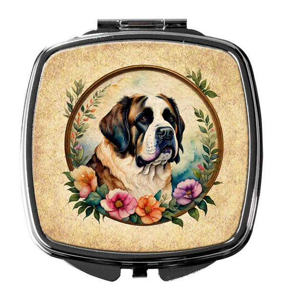 Saint Bernard and Flowers Compact Decorative Travel Makeup Mirror product image at NuMercy