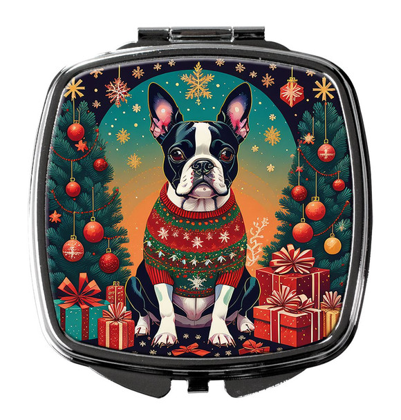 Boston Terrier Christmas Compact Decorative Travel Makeup Mirror product image at NuMercy