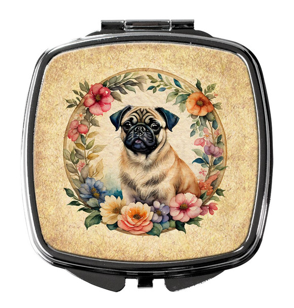 Fawn Pug and Flowers Compact Decorative Travel Makeup Mirror product image at NuMercy