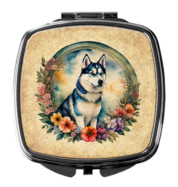 Siberian Husky and Flowers Compact Decorative Travel Makeup Mirror product image at NuMercy