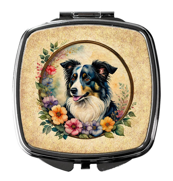 Border Collie and Flowers Compact Decorative Travel Makeup Mirror product image at NuMercy