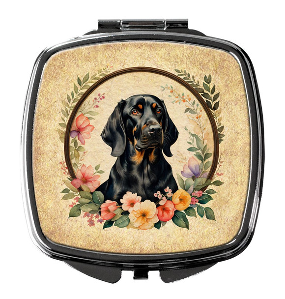 Black and Tan Coonhound and Flowers Compact Decorative Travel Makeup Mirror product image at NuMercy