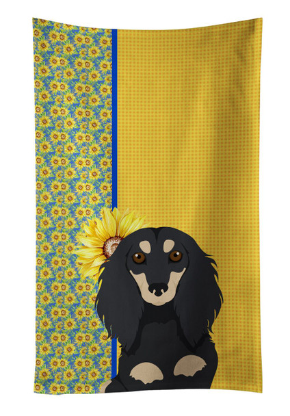 Summer Sunflowers Longhair Black and Cream Dachshund Kitchen Towel Dish Cloths product image at NuMercy