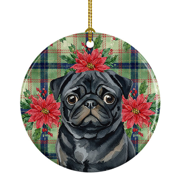 Black Pug Christmas Poinsettias Ceramic Christmas Ornament product image at NuMercy