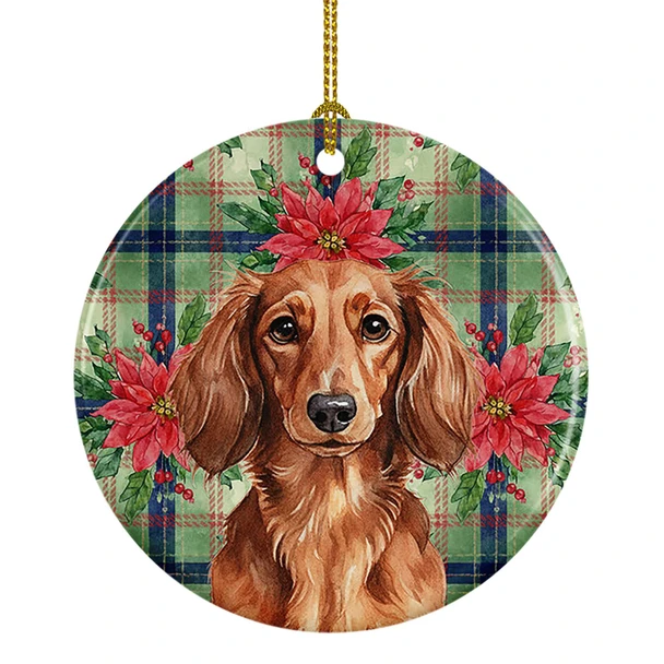 Longhaired Red Dachshund Christmas Poinsettias Ceramic Christmas Ornament product image at NuMercy