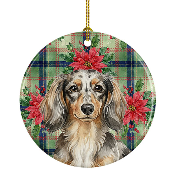 Longhaired Dapple Dachshund Christmas Poinsettias Ceramic Christmas Ornament product image at NuMercy