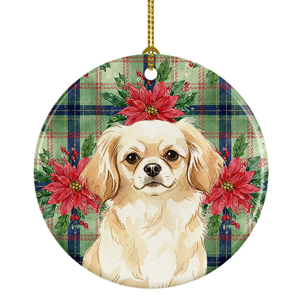 Cream Tibetan Spaniel Christmas Poinsettias Ceramic Christmas Ornament product image at NuMercy