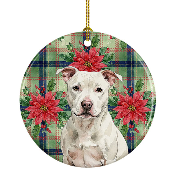 White Staffordshire Bull Terrier Christmas Poinsettias Ceramic Christmas Ornament product image at NuMercy