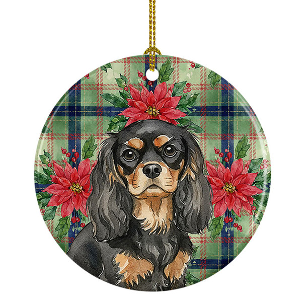 Black and Tan Cavalier Spaniel Christmas Poinsettias Ceramic Christmas Ornament product image at NuMercy