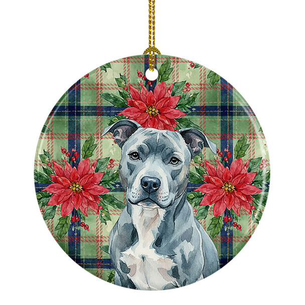 Blue American Staffordshire Terrier Christmas Poinsettias Ceramic Christmas Ornament product image at NuMercy
