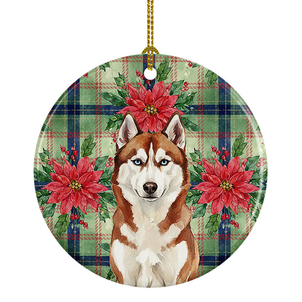 Red and White Siberian Husky Christmas Poinsettias Ceramic Christmas Ornament product image at NuMercy