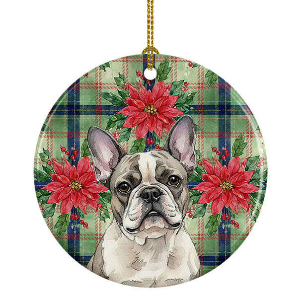 Pied French Bulldog Christmas Poinsettias Ceramic Christmas Ornament product image at NuMercy
