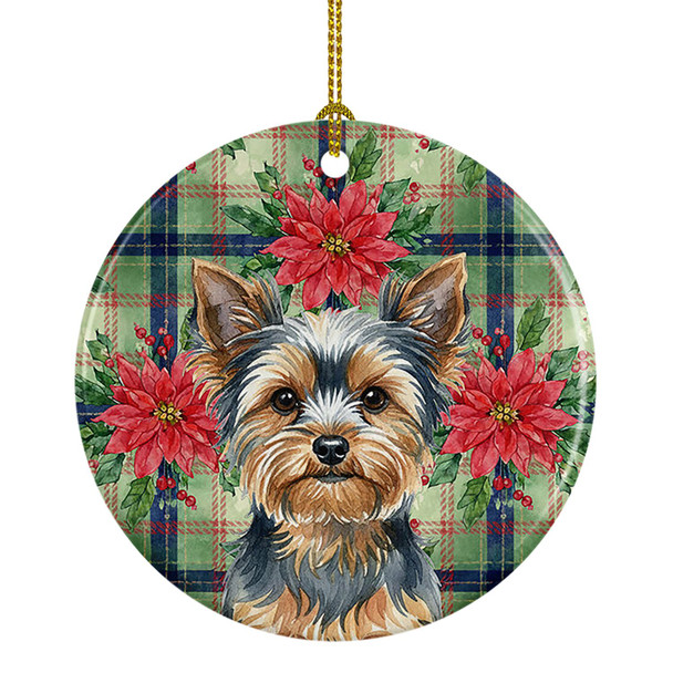 Blue and Tan Yorkshire Terrier Christmas Poinsettias Ceramic Christmas Ornament product image at NuMercy