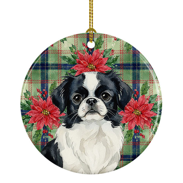 Black and White Japanese Chin Christmas Poinsettias Ceramic Christmas Ornament product image at NuMercy