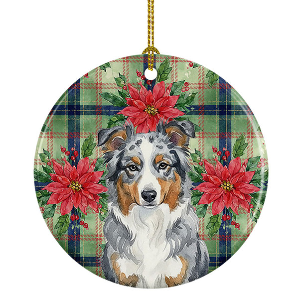 Blue Merle American Shepherd Christmas Poinsettias Ceramic Christmas Ornament product image at NuMercy