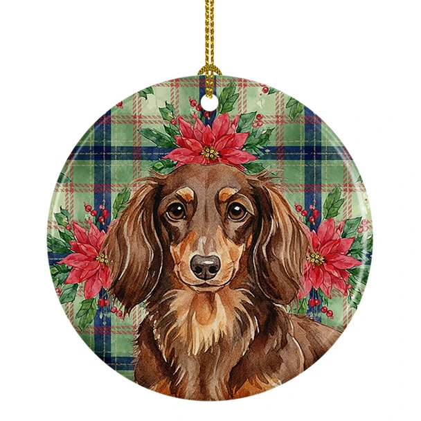 Longhaired Chocolate and Tan Dachshund Christmas Poinsettias Ceramic Christmas Ornament product image at NuMercy