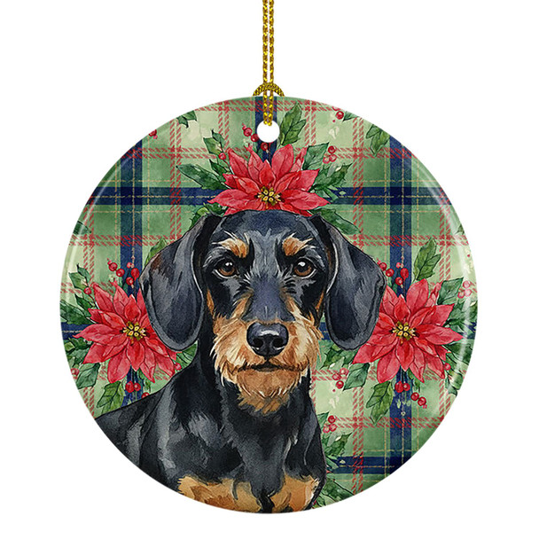 Wirehaired Black and Tan Dachshund Christmas Poinsettias Ceramic Christmas Ornament product image at NuMercy