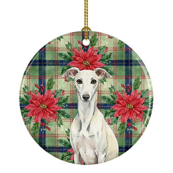 White Whippet Christmas Poinsettias Ceramic Christmas Ornament product image at NuMercy