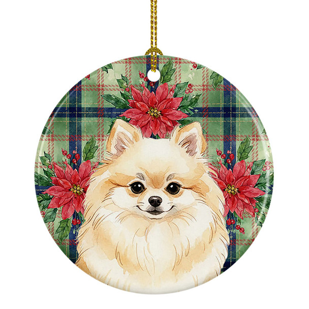 Cream Pomeranian Christmas Poinsettias Ceramic Christmas Ornament product image at NuMercy