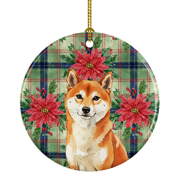 Red Shiba Inu Christmas Poinsettias Ceramic Christmas Ornament product image at NuMercy