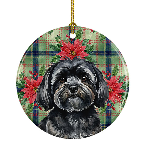 Black Lhasa Apso Christmas Poinsettias Ceramic Christmas Ornament product image at NuMercy