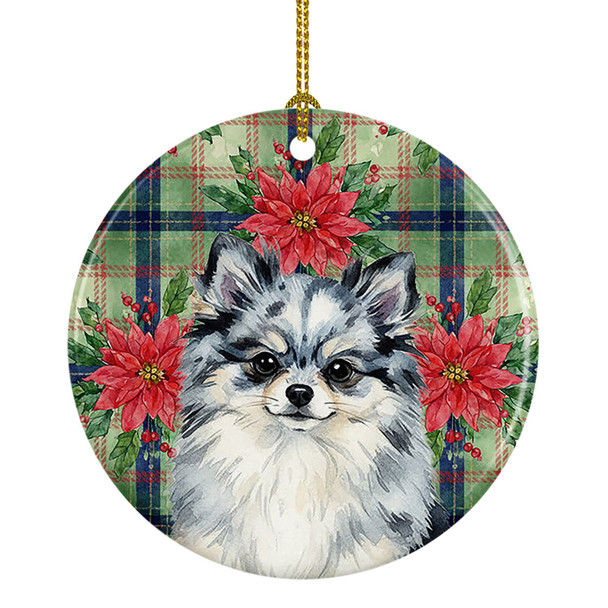 Blue Merle Pomeranian Christmas Poinsettias Ceramic Christmas Ornament product image at NuMercy