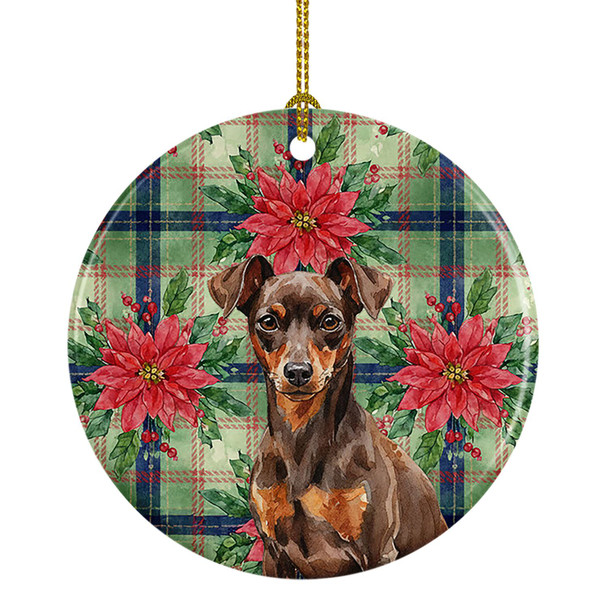 Chocolate and Rust Miniature Pinscher Min Pin Christmas Poinsettias Ceramic Christmas Ornament product image at NuMercy