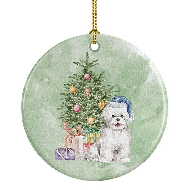 Bichon Frise Blue Hat Christmas Presents and Tree Ceramic Ornament product image at NuMercy