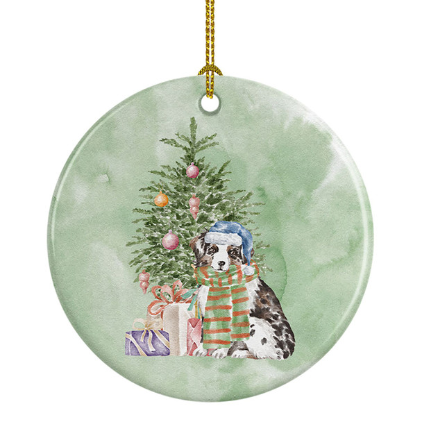 Australian Shepherd Puppy Christmas Presents and Tree Ceramic Ornament product image at NuMercy