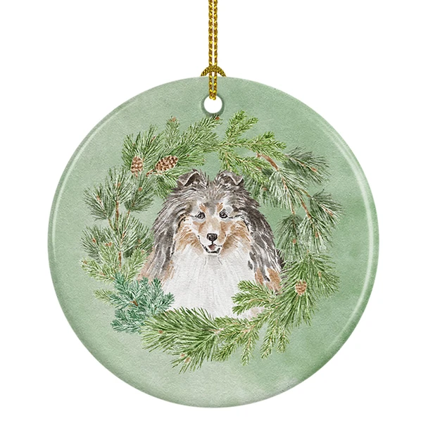 Sheltie/Shetland Sheepdog Tricolor Smiling #1 Christmas Wreath Ceramic Ornament product image at NuMercy