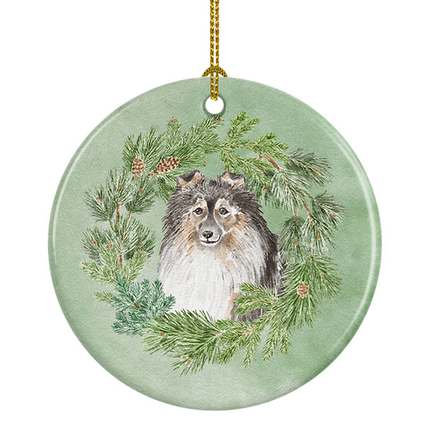 Sheltie/Shetland SheepdogTricolor Smiling #2 Christmas Wreath Ceramic Ornament product image at NuMercy