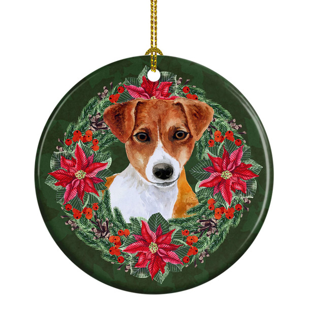 Jack Russell Terrier Poinsettia Wreath Ceramic Christmas Ornament product image at NuMercy