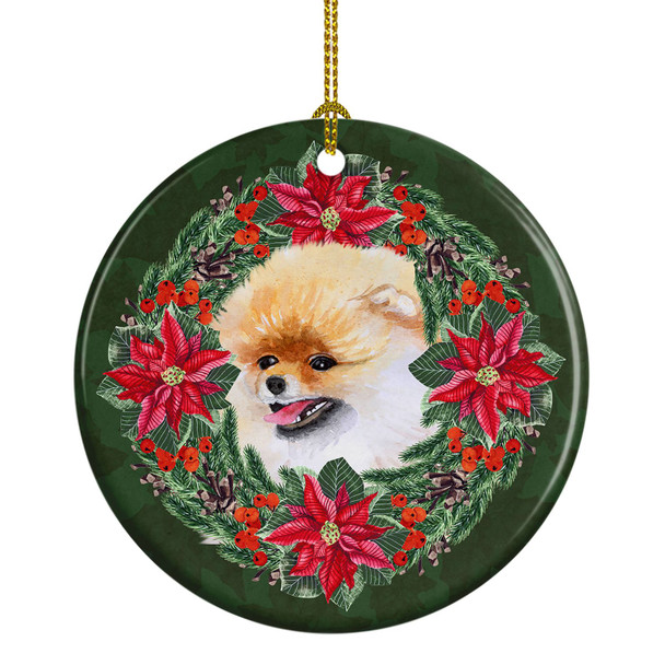 Pomeranian Poinsettia Wreath Ceramic Christmas Ornament product image at NuMercy