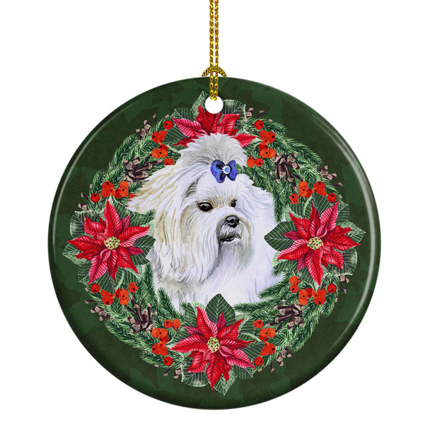 Maltese Poinsettia Wreath Ceramic Christmas Ornament product image at NuMercy
