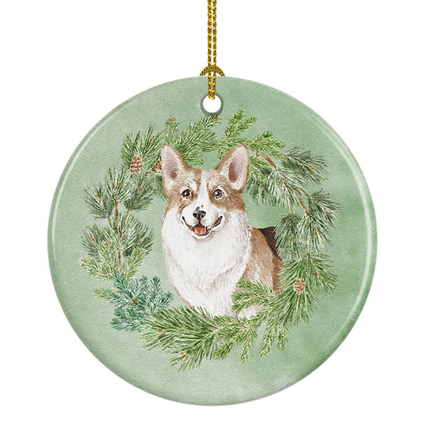 Corgi Tricolor Smiling Christmas Wreath Ceramic Ornament product image at NuMercy