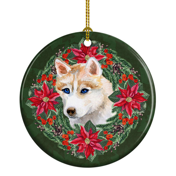 Siberian Husky Poinsettia Wreath Ceramic Christmas Ornament product image at NuMercy