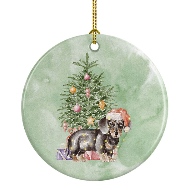 Dachshund Black Tan Puppy Christmas Presents and Tree Ceramic Ornament product image at NuMercy