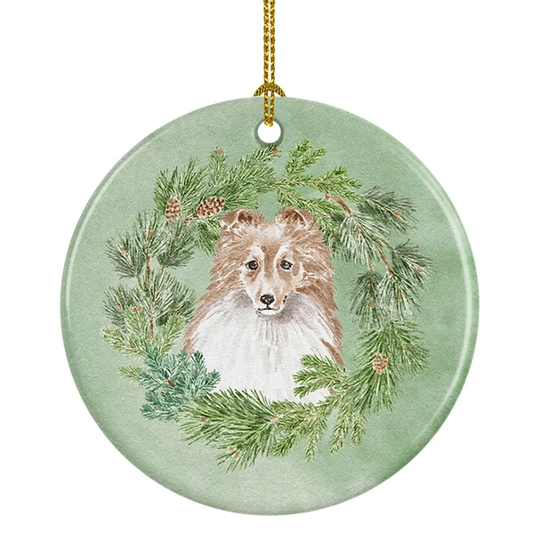 Sheltie/Shetland Sheepdog Adult Sable Christmas Wreath Ceramic Ornament product image at NuMercy