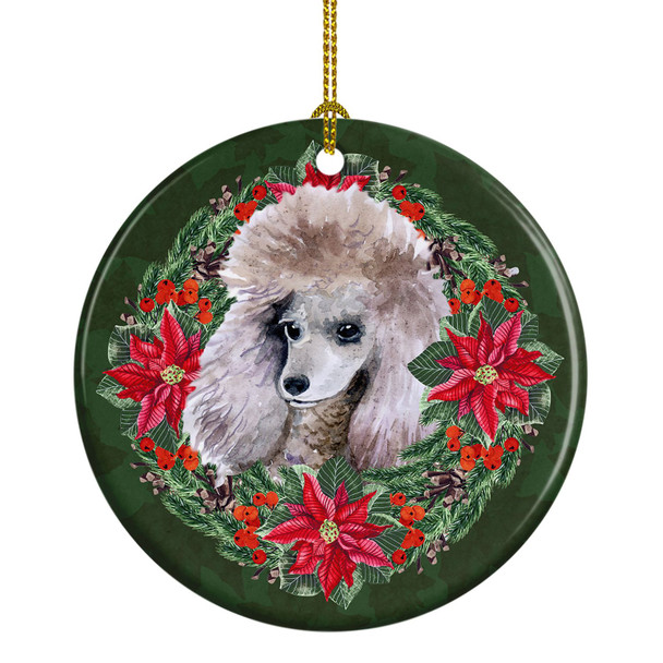 Poodle Poinsettia Wreath Ceramic Christmas Ornament product image at NuMercy