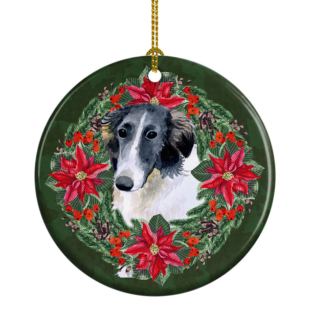 Borzoi Poinsettia Wreath Ceramic Christmas Ornament product image at NuMercy