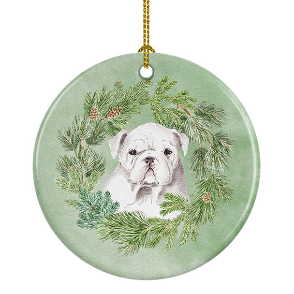 Bulldog Puppy White Christmas Wreath Ceramic Ornament product image at NuMercy