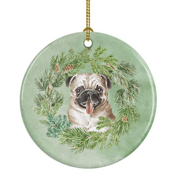 Pug Fawn Christmas Wreath Ceramic Ornament product image at NuMercy