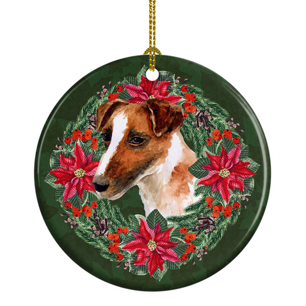 Smooth Fox Terrier Poinsettia Wreath Ceramic Christmas Ornament product image at NuMercy